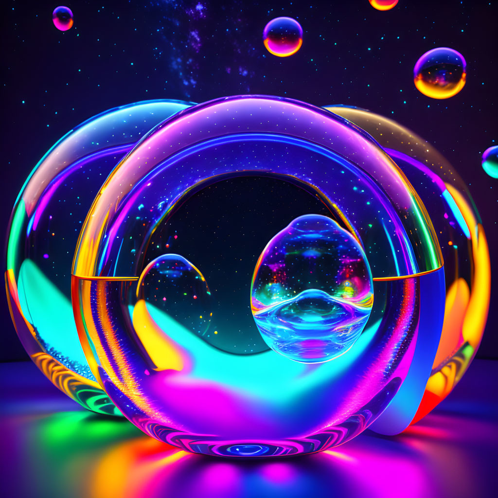 Colorful digital art: Glossy bubbles with neon reflections on dark, starry backdrop