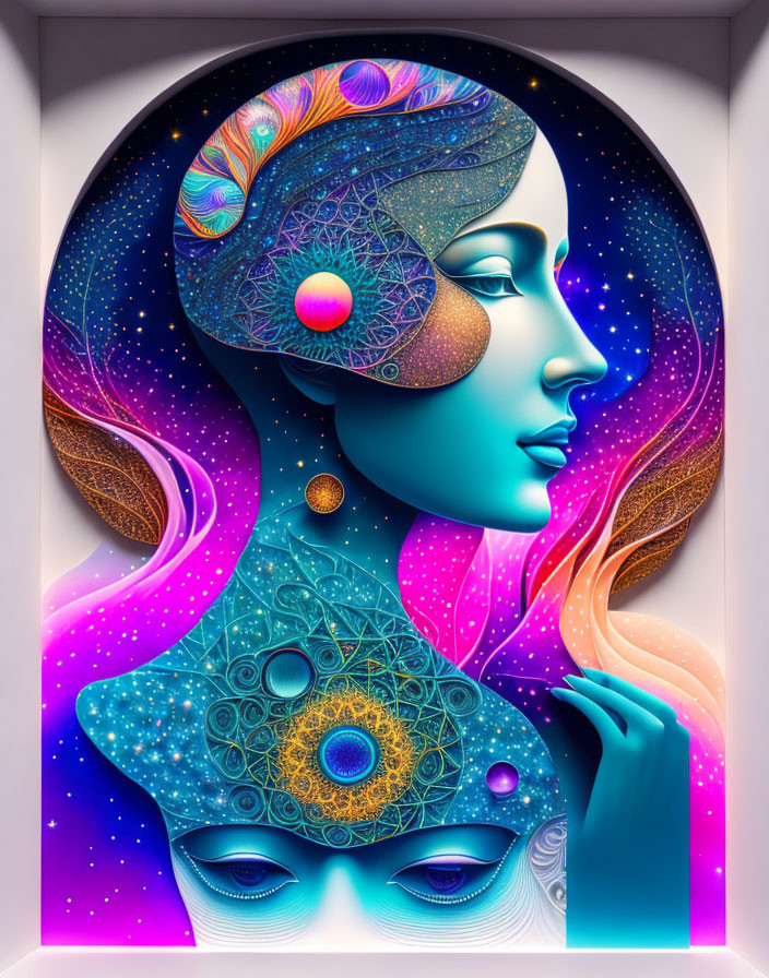 Colorful digital art: Stylized woman with cosmic and geometric patterns in starry background.