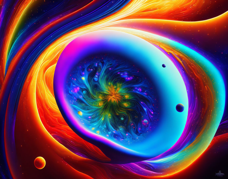 Colorful digital artwork: Swirling cosmic patterns in blue, orange, and purple with celestial bodies.