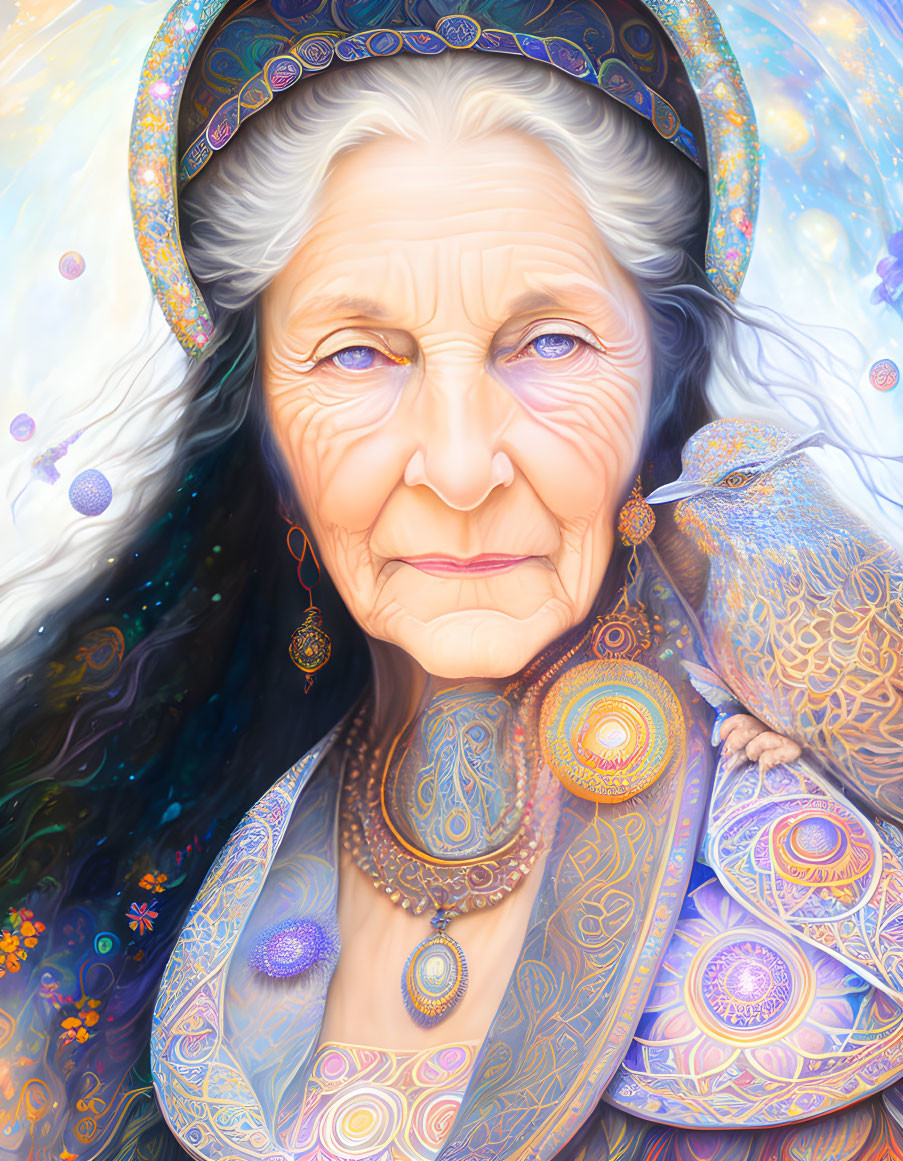 Elder woman in colorful attire with bird against cosmic background