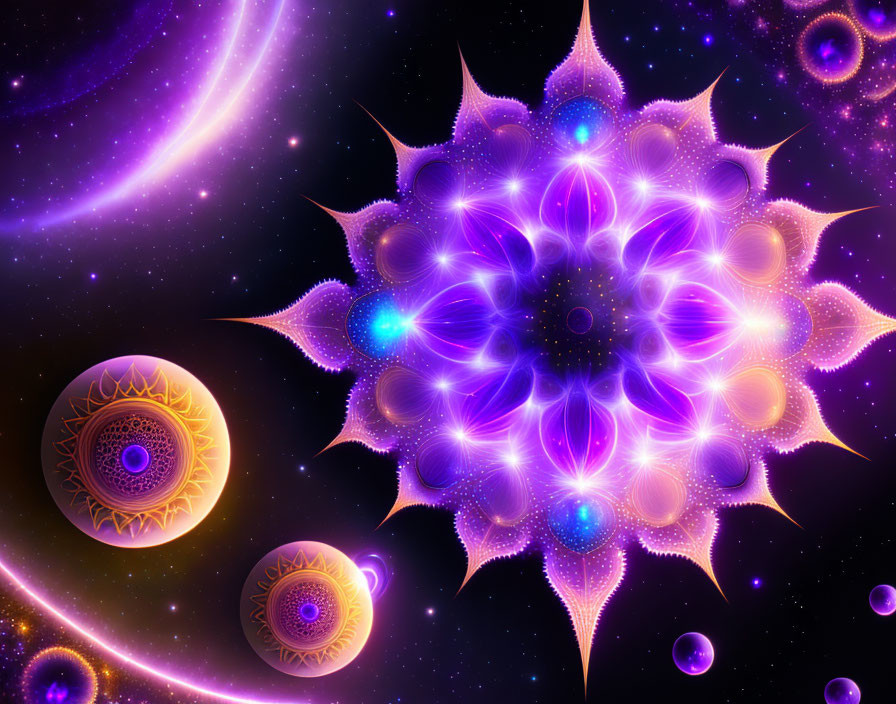 Colorful digital art: Large purple and blue mandala with cosmic swirls