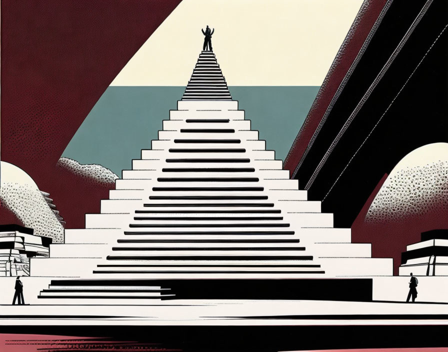 Triumphant figure atop pyramid with geometric background