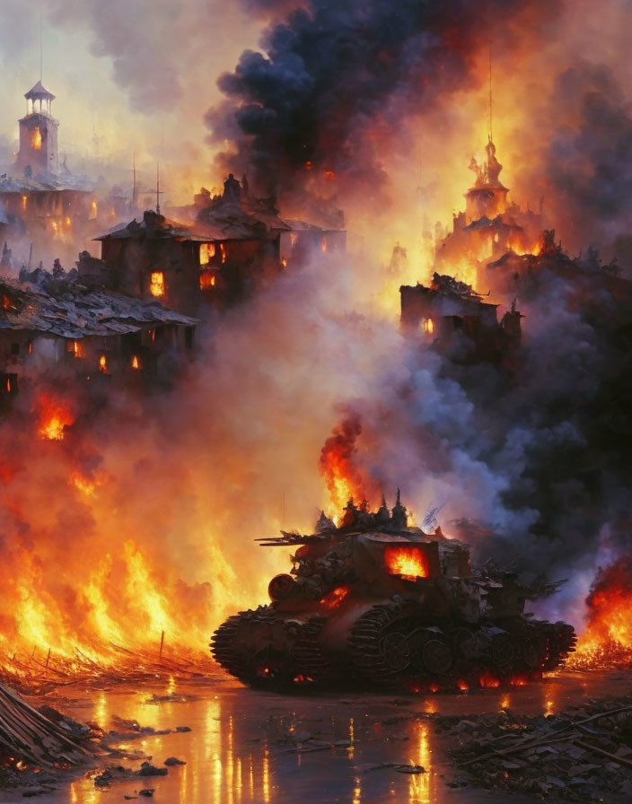 Tank amidst flames and wreckage in burning cityscape.