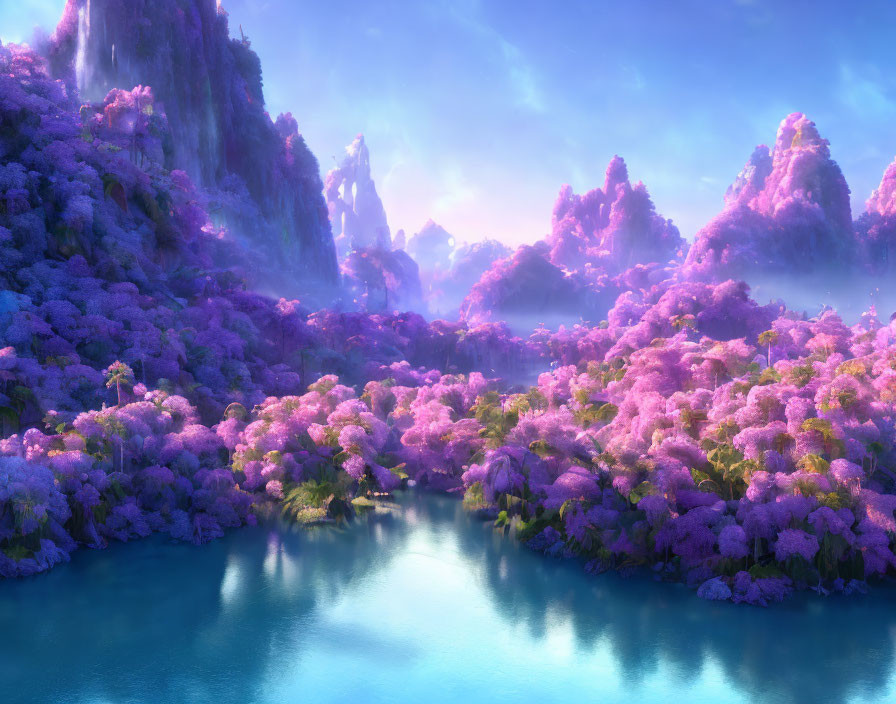 Fantasy landscape with purple foliage, waterfalls, turquoise lake, mystical mountains