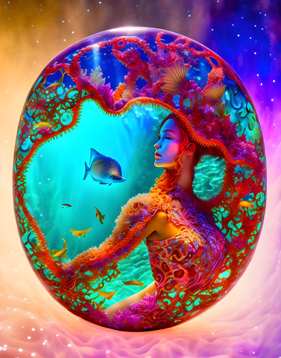 Surrealist digital artwork: Woman merged with coral reef, fish, cosmic backdrop