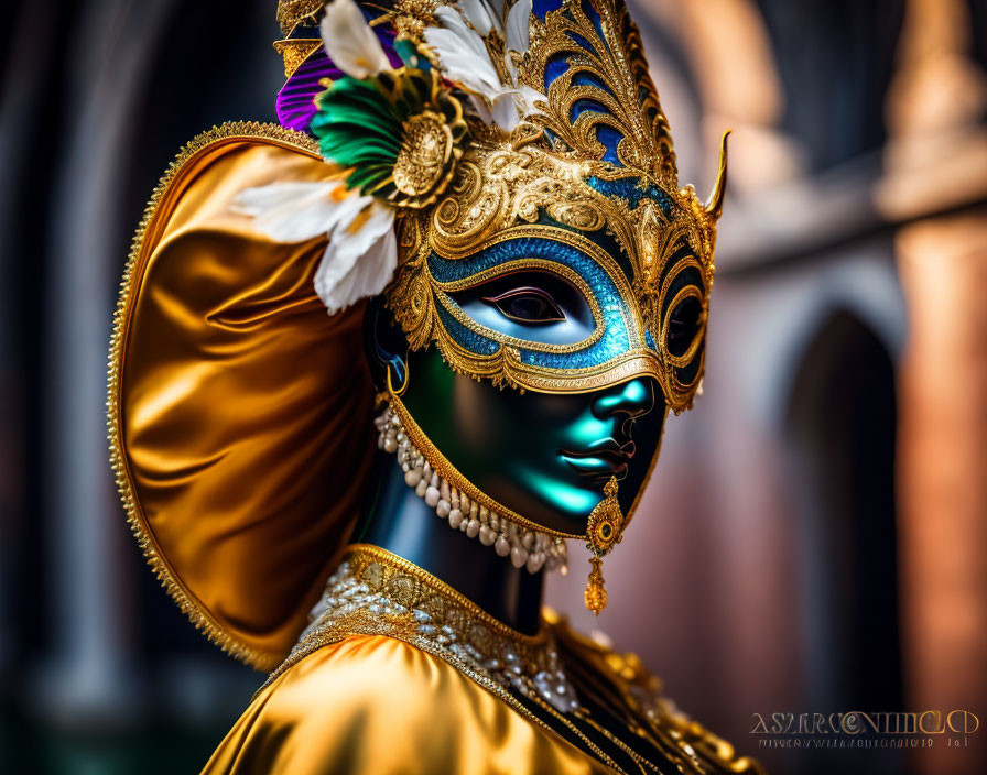 Colorful Mask with Gold Detailing and White Feathers on Blurred Background