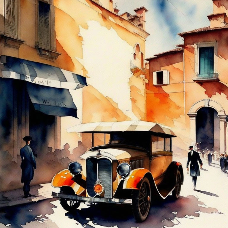 Vintage Car Parked on Quaint Street with Lone Figure Walking Amid Warm-Toned Buildings