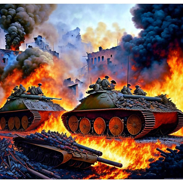 Military tanks in burning cityscape with smoke plumes and fiery backdrop