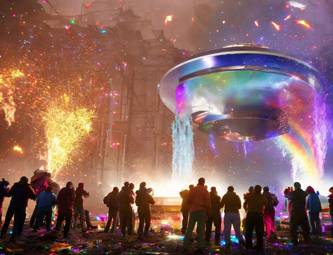 Vibrant illuminated UFO attraction at nighttime event