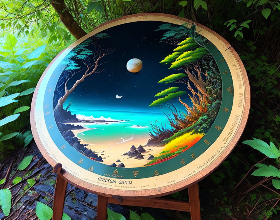 Circular Night Beach Scene Painting with Moon, Stars, and Planets on Easel