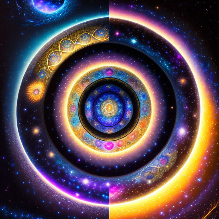 Colorful digital artwork with cosmic spiral pattern, stars, nebulae, and celestial borders