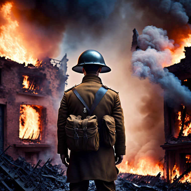 Vintage uniform soldier amidst burning ruins with smoke rising.