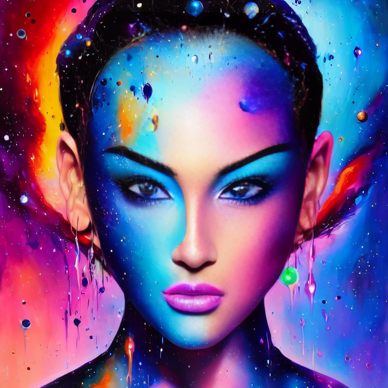 Colorful Cosmic Makeup Woman Portrait on Multicolored Background