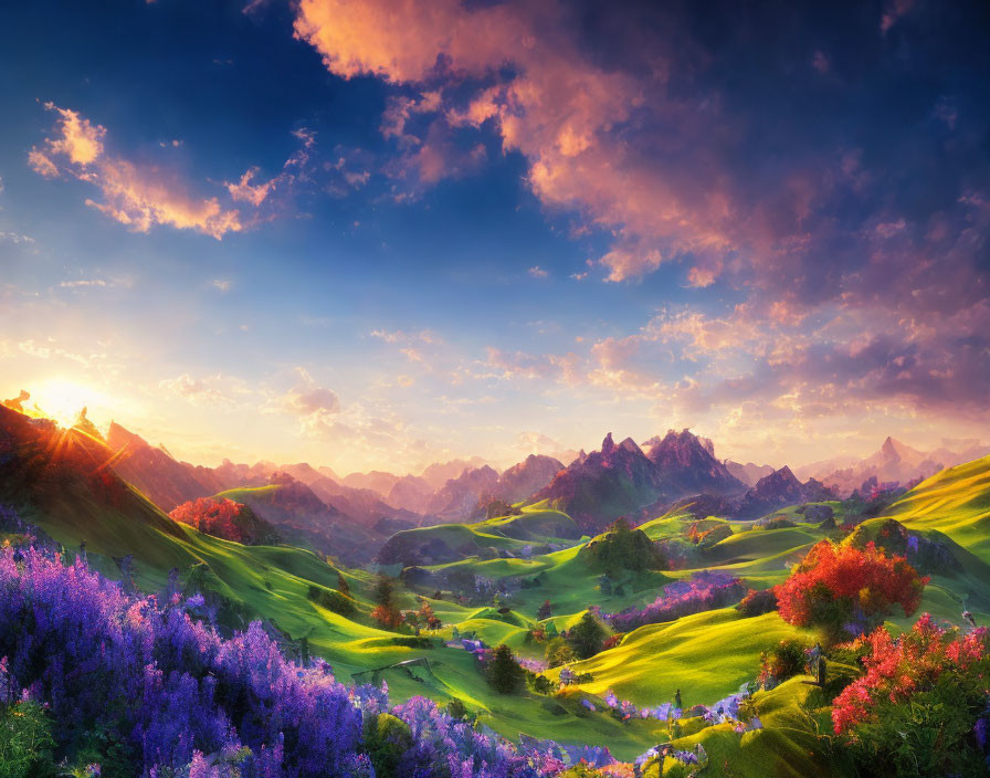 Scenic landscape with green hills, flowers, mountains, and dramatic sunset sky