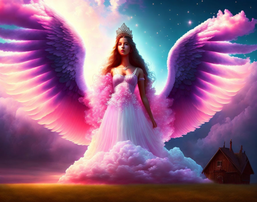 Fantastical image of a woman with angelic wings in pink dress at twilight