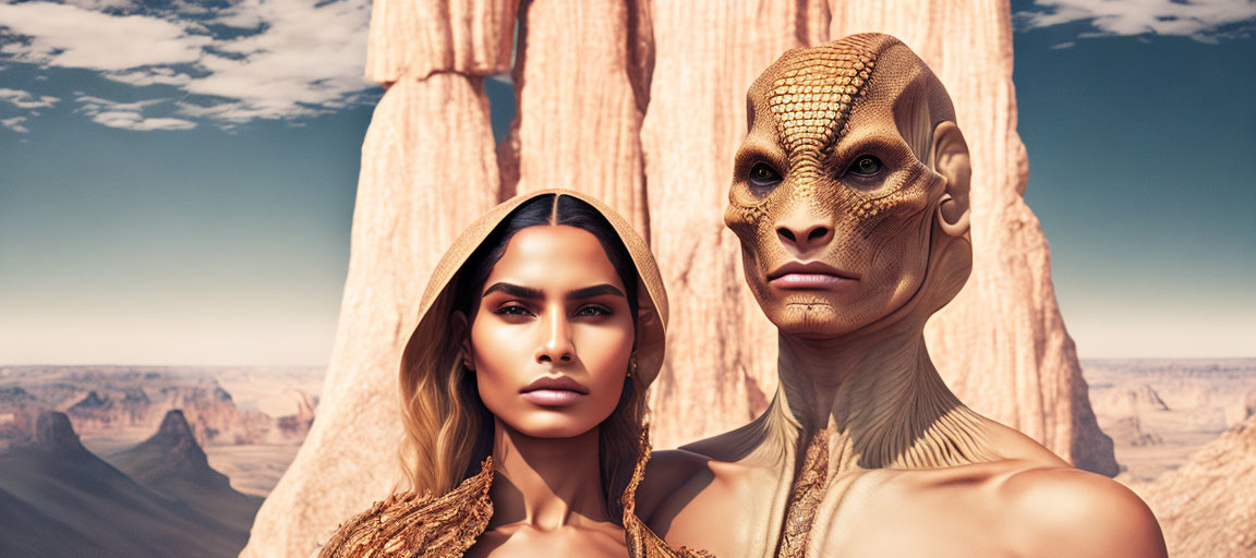 Woman and humanoid reptilian creature in desert canyon with intense gazes