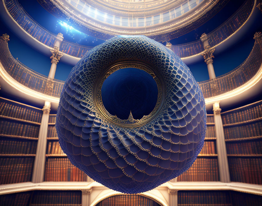 Intricate Patterned Dome Interior with Suspended Sphere and Open Roof Sky View