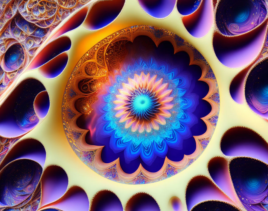 Colorful fractal art with intricate blue, orange, and purple patterns.