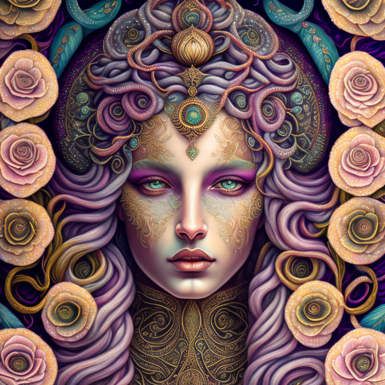 Stylized digital artwork of female face with intricate patterns and floral motif in purple and pink hues