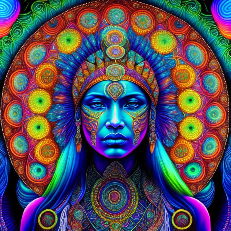 Colorful psychedelic portrait of woman with intricate headdress on dark background