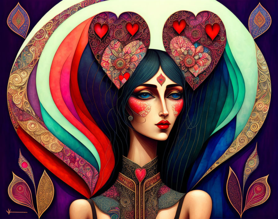 Colorful Woman Illustration with Heart Shapes and Mandala Patterns on Purple Background