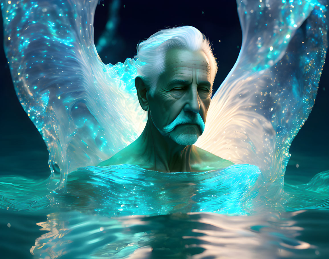 Elderly man with glowing wings emerging from water