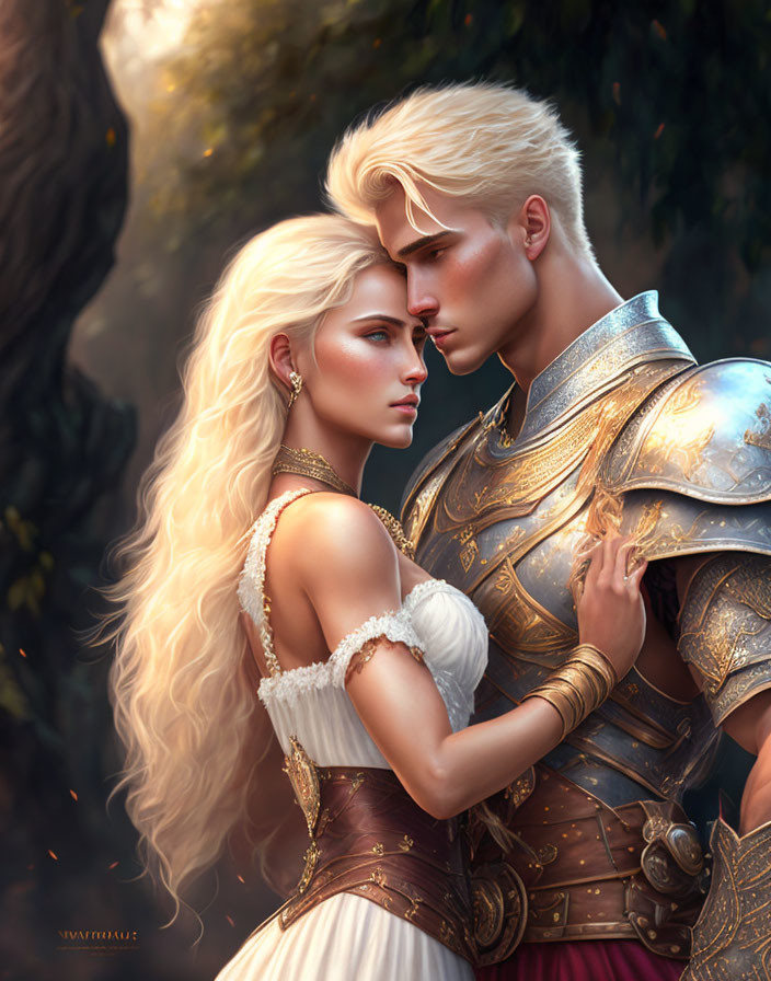 Fantasy couple illustration with woman in long blonde hair & man in ornate armor, leaning in forest