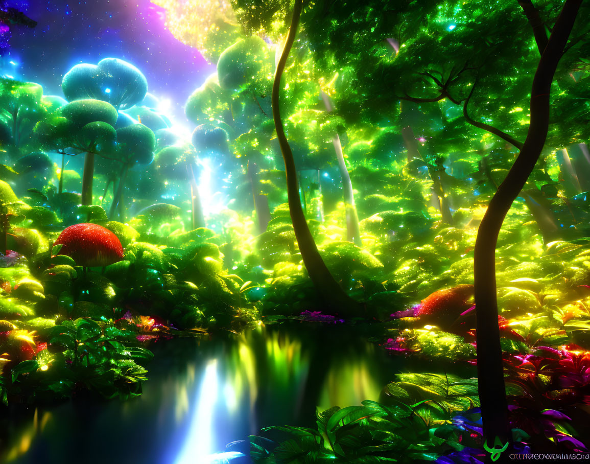 Enchanting Fantasy Forest with Luminous Plants and Serene River