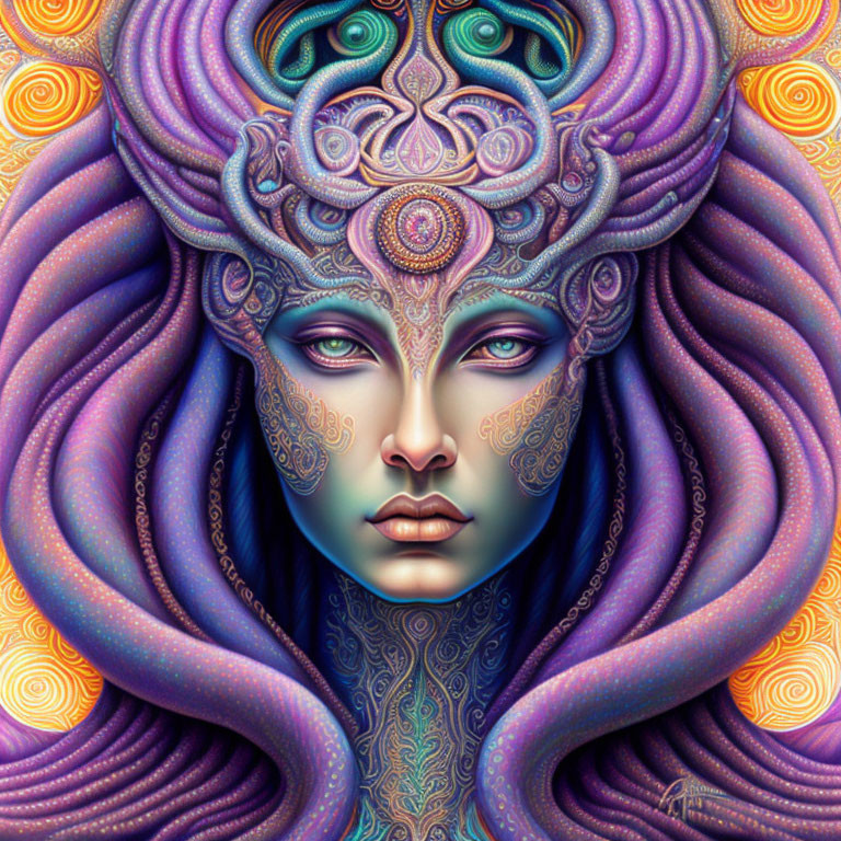 Colorful Psychedelic Female Figure with Purple and Blue Patterns on Face and Hair