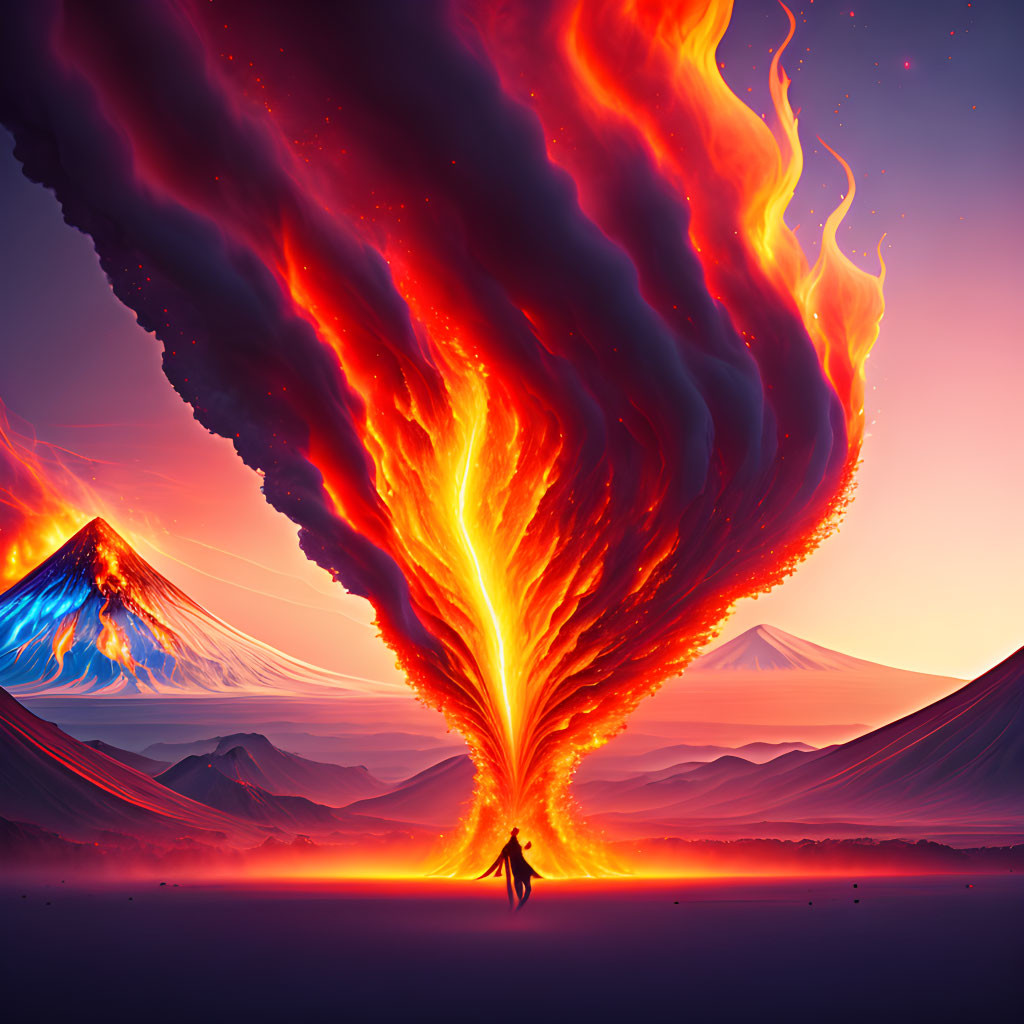 Massive fiery phoenix eruption with mountains and red sky.