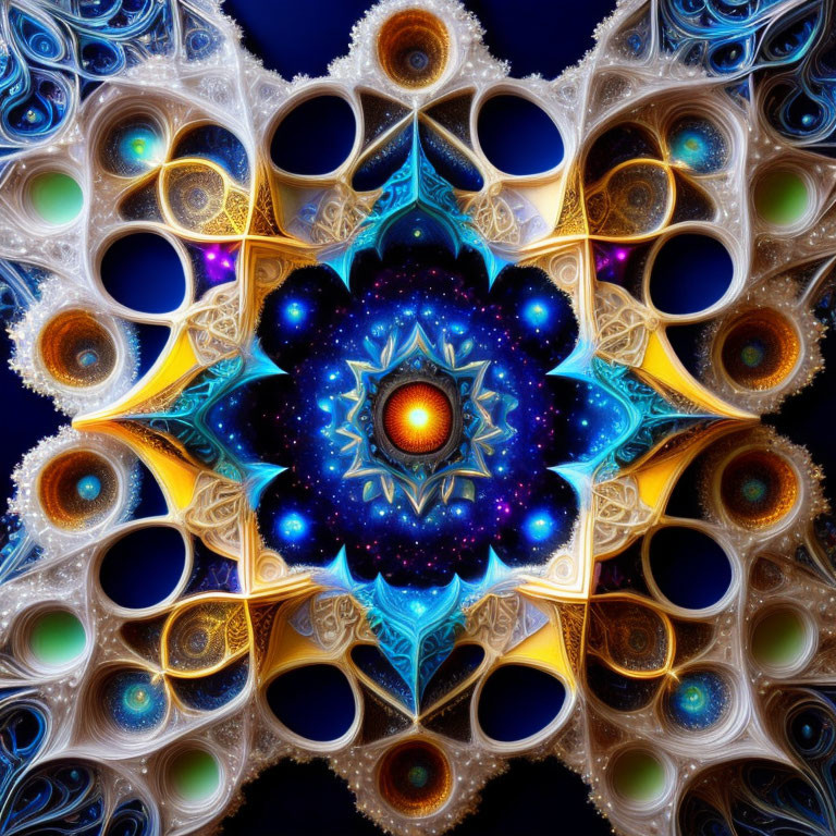 Symmetrical Blue, Gold, and White Fractal Design with Glowing Central Motif