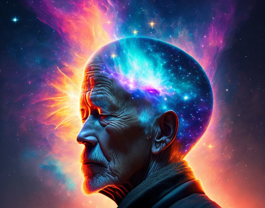 Elderly man profile with cosmic nebula and stars symbolizing universal consciousness