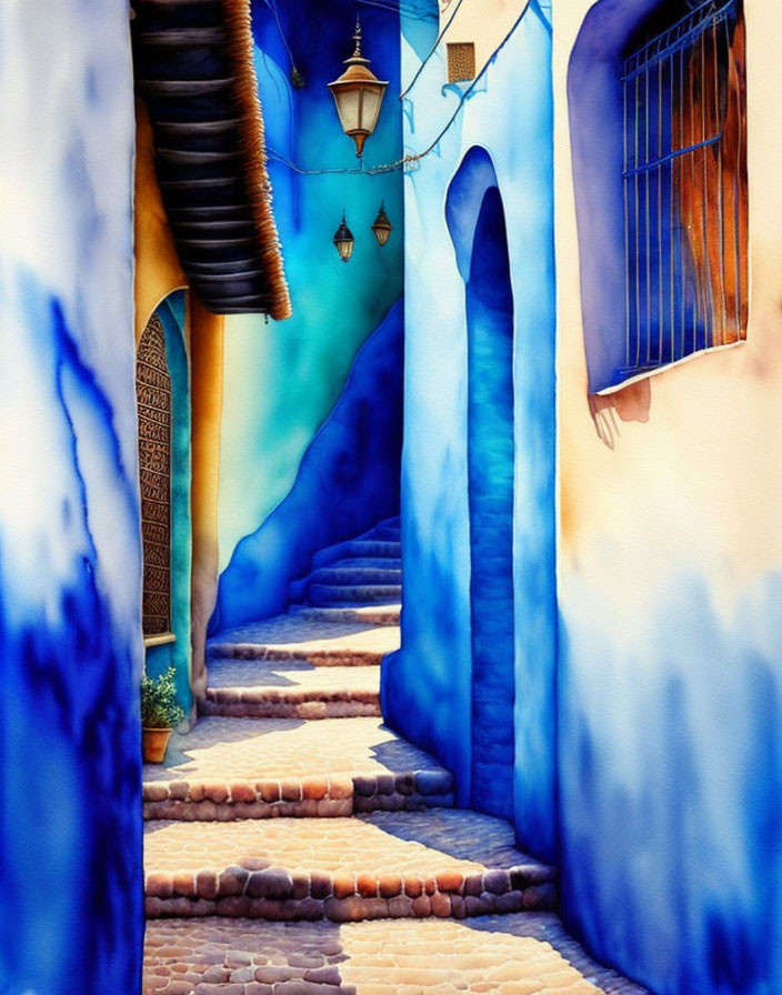 Colorful alley with blue walls, stone pathway, lanterns & stairway - Mediterranean or Moroccan style