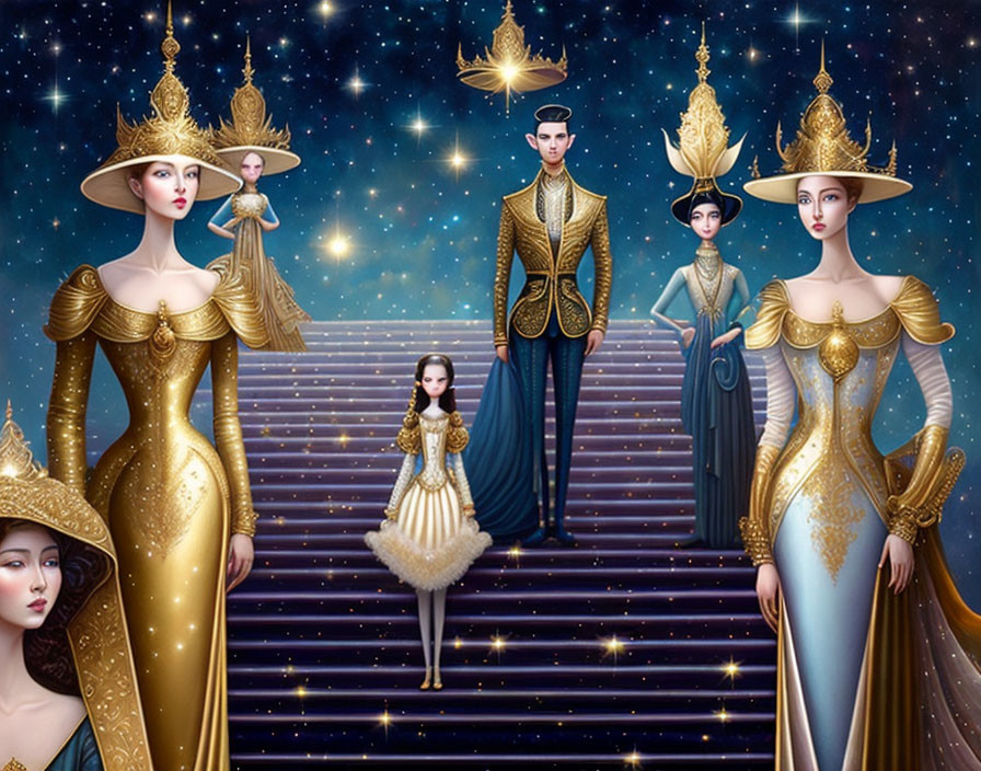 Five characters in regal attire with golden embellishments against a cosmic starry background.