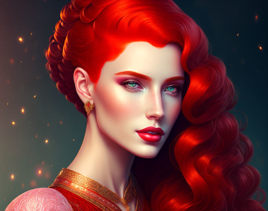 Vibrant digital portrait: Woman with red hair, green eyes, orange outfit on dark backdrop