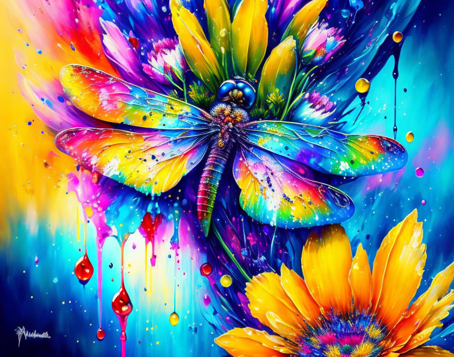 Colorful Dragonfly Painting with Iridescent Wings on Bright Flower