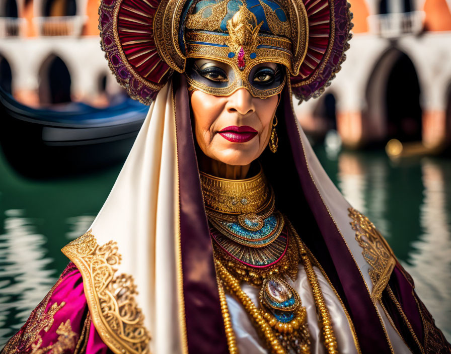 Elaborately costumed person near Venetian gondolas