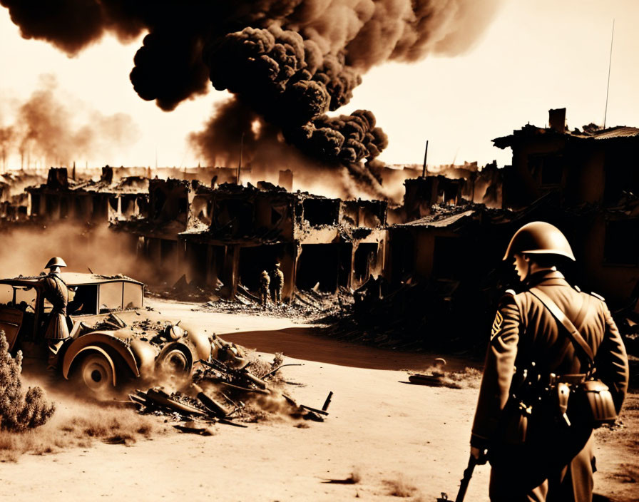 War-torn battlefield with soldier and destroyed vehicles.