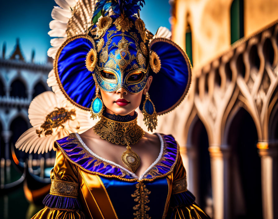 Intricate Blue and Gold Venetian Mask and Costume by Classical Balustrade