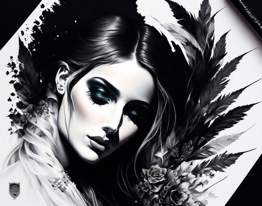 Monochromatic portrait of a woman with teal eyes, feathers, and flowers.