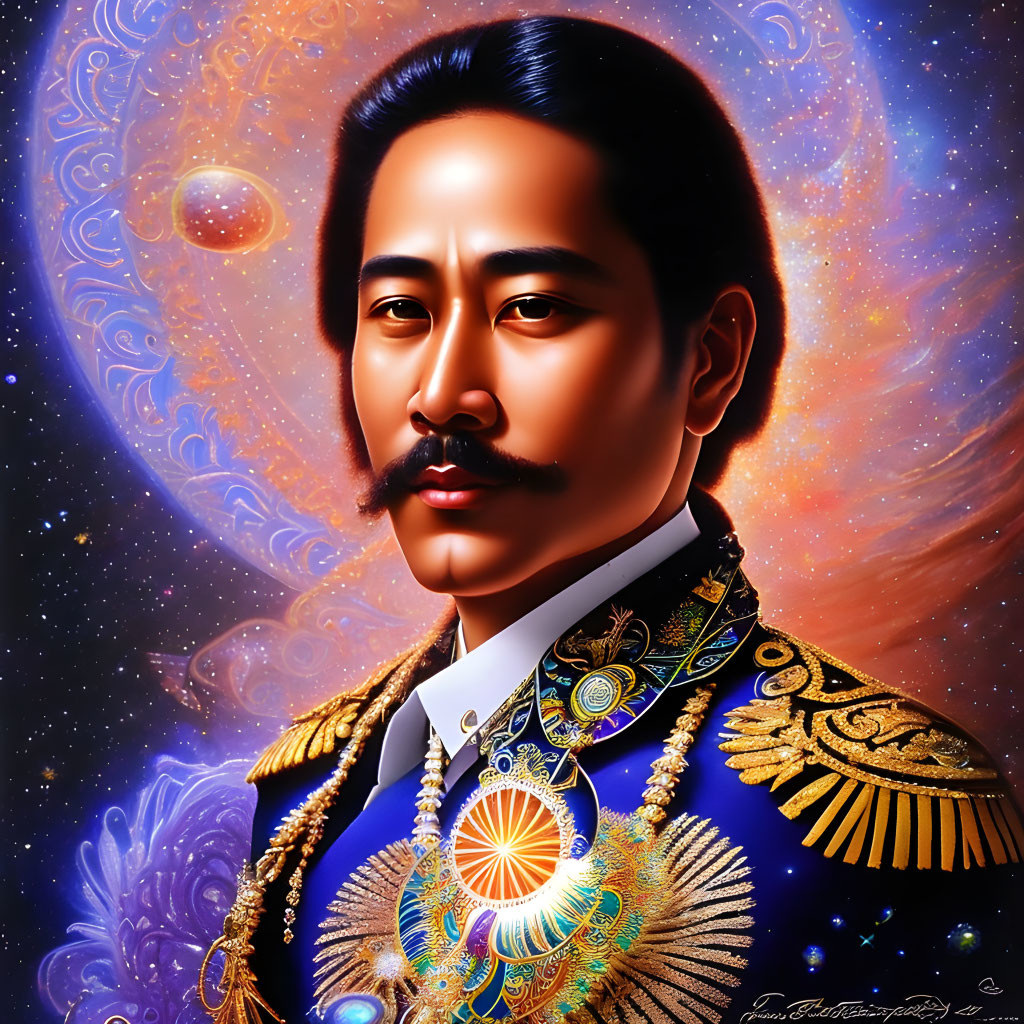 Digital artwork of a distinguished man in military uniform with cosmic background