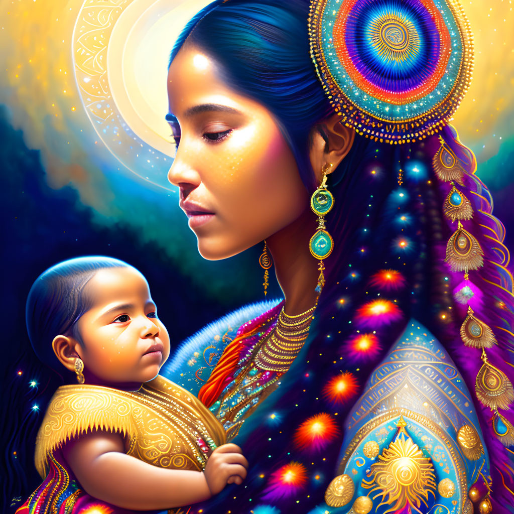 Illustration of woman with luminous skin and ornate headdress holding a child against cosmic backdrop