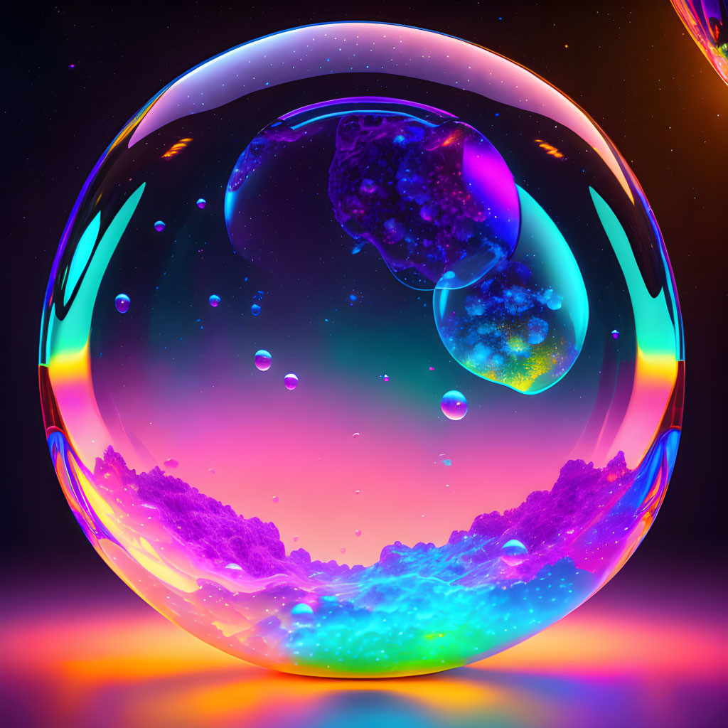 Colorful Cosmic-Themed Soap Bubble with Neon Colors and Celestial Bodies