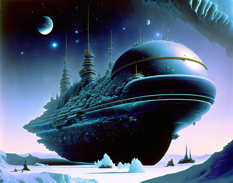 Futuristic city spaceship over icy landscape with moons