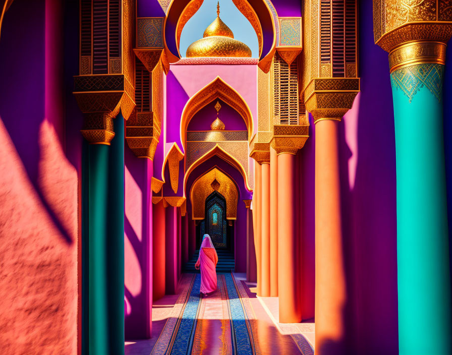 Person in Pink Robe Walking Through Vibrant Colorful Corridor With Ornate Arches Towards Golden