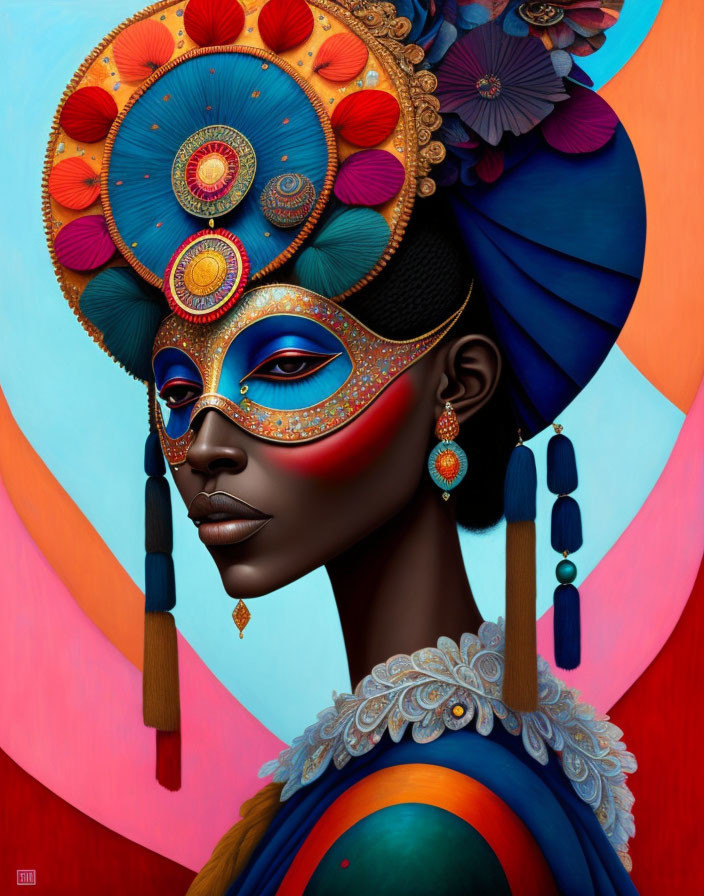 Colorful portrait of woman with elaborate headdress and makeup