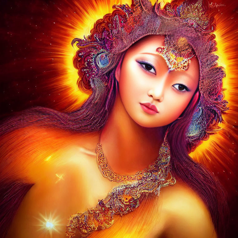 Colorful digital artwork: Woman adorned with jewelry in cosmic setting