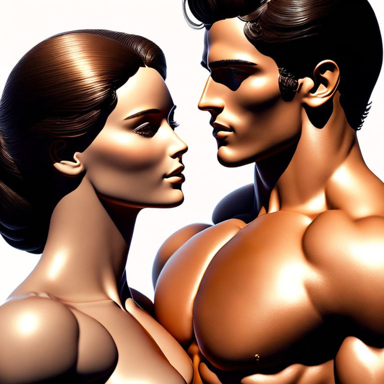 Hyperrealistic 3D male and female models with detailed muscular and facial features on neutral background