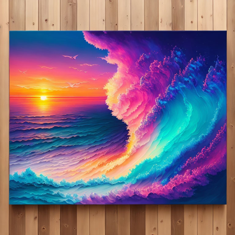 Colorful Ocean Wave Sunset Canvas Art on Wooden Wall