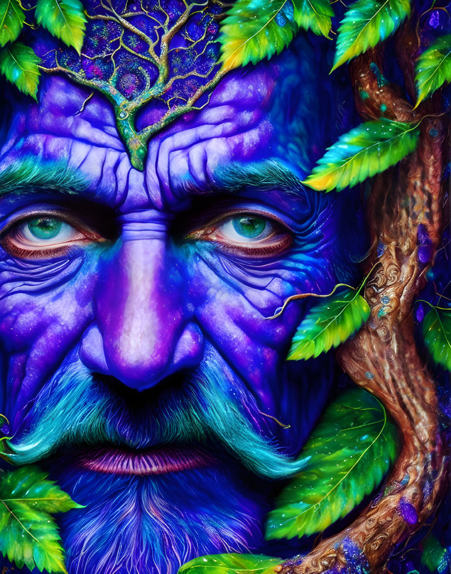 Colorful face painting with tree-like designs and vibrant hues of blue, green, and purple.